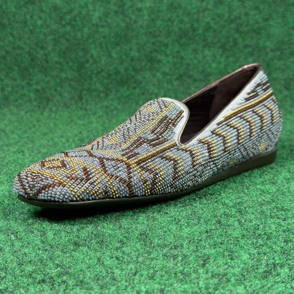 Donald J Pliner Aryn Beaded Loafers Blue Gold Geometric Flats Womens 6 M Italy - Picture 1 of 9